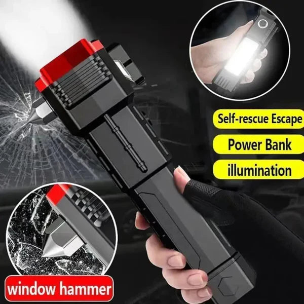 Multifunctional LED Flashlight | Power Bank & Safety Hammer