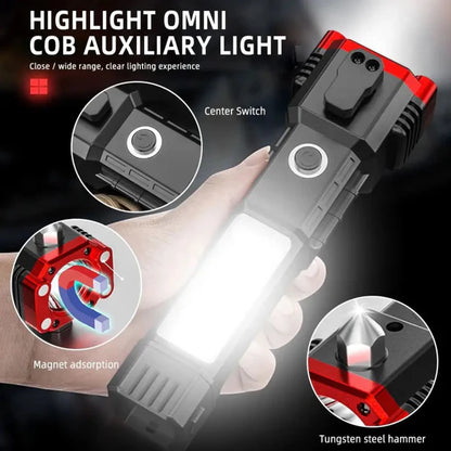 Multifunctional LED Flashlight | Power Bank & Safety Hammer