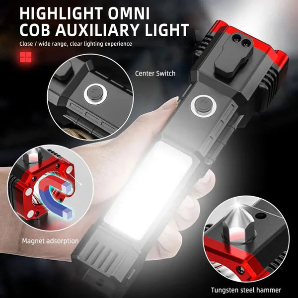 Multifunctional LED Flashlight | Power Bank & Safety Hammer