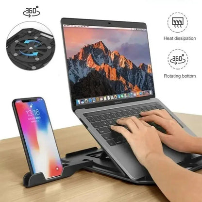360° Rotating Foldable Laptop Stand with Mobile Holder – Portable & Heat Dissipation Design