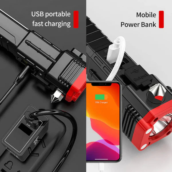 Multifunctional LED Flashlight | Power Bank & Safety Hammer