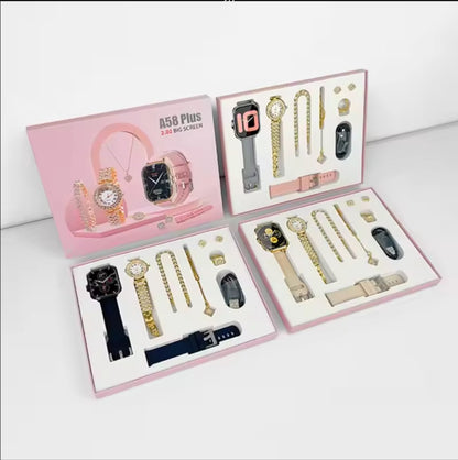A58 Plus Ladies Smartwatch & Jewelry – 8-in-1 Luxury Combo Gift Set